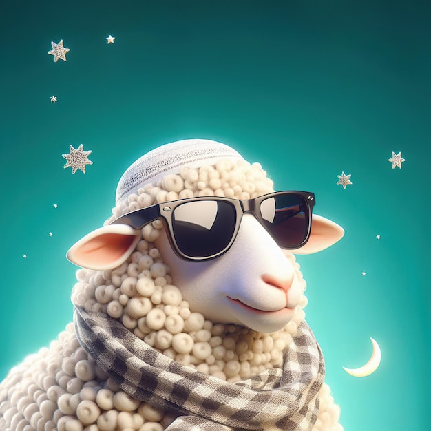 owca nosząca okulary przeciwsłoneczne i szalik z kapeluszem, na którym jest napisane owca