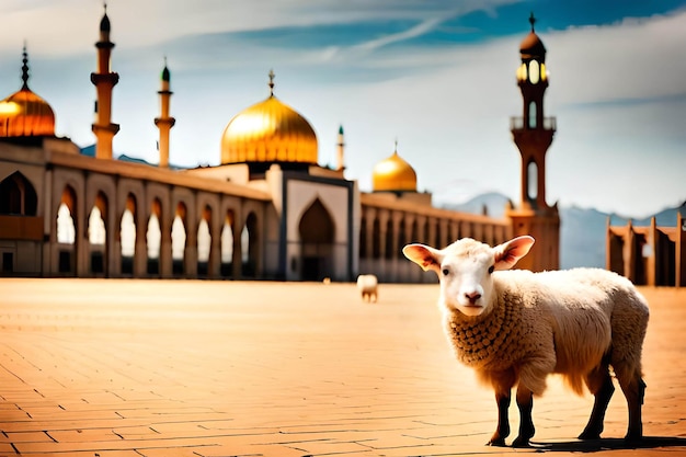 Owca stoi przed meczetem na tle błękitnego nieba.