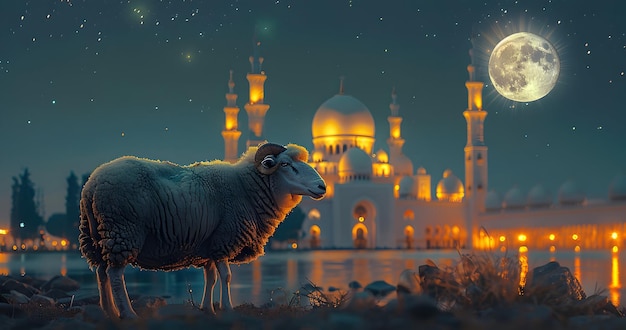 Owca z błyskawicznym tłem do projektowania Eid al Adha post sprzedaży dla mediów społecznościowych