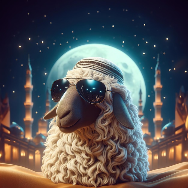 owca z okularami słonecznymi i kapeluszem jest przed meczetem