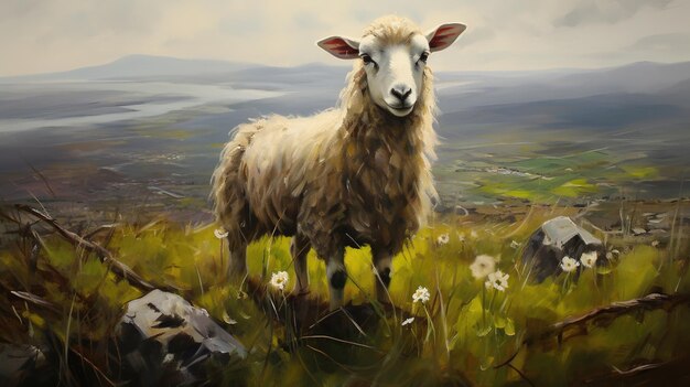 Owce na łące Portret owiec stojących na trawiastym krajobrazie AI generatywne