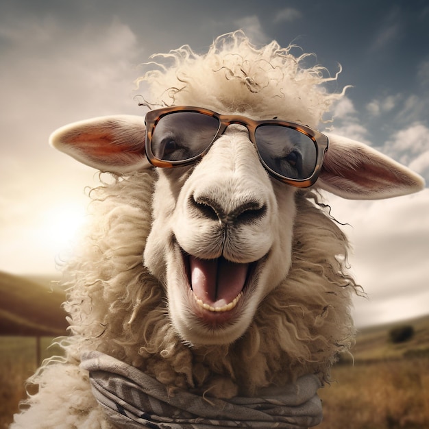 Zdjęcie owce noszące zabawne okulary, uśmiechają się w realistycznym stylu