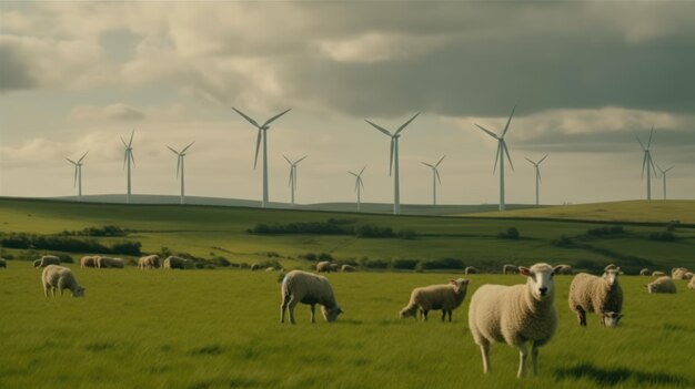 Owce pasące się w pobliżu turbin wiatrowych na górze Generative AI