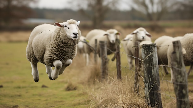 Owce skaczące przez ogrodzenie z innymi owcami obserwującymi