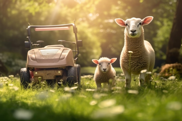 Owce w ogrodzie z kosiarką bokeh w tle światła słonecznego Generative Ai