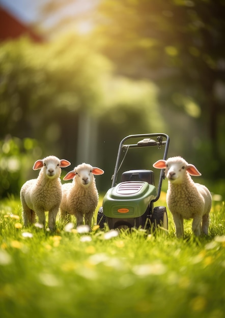 Owce w ogrodzie z kosiarką bokeh w tle światła słonecznego Generative Ai