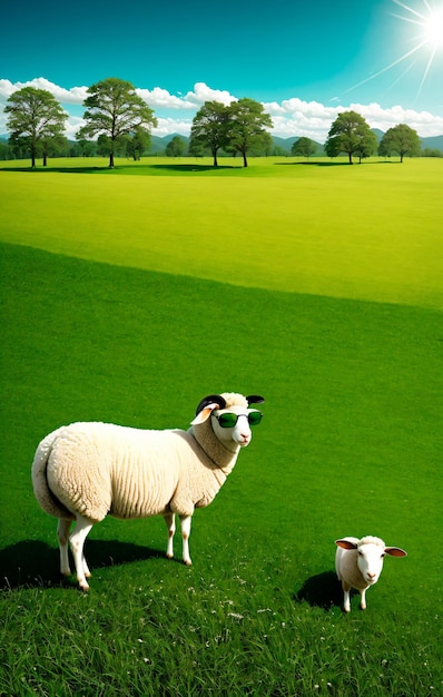 Zdjęcie owce w okularach przeciwsłonecznych na zielonej łące generacyjna sztuczna inteligencja