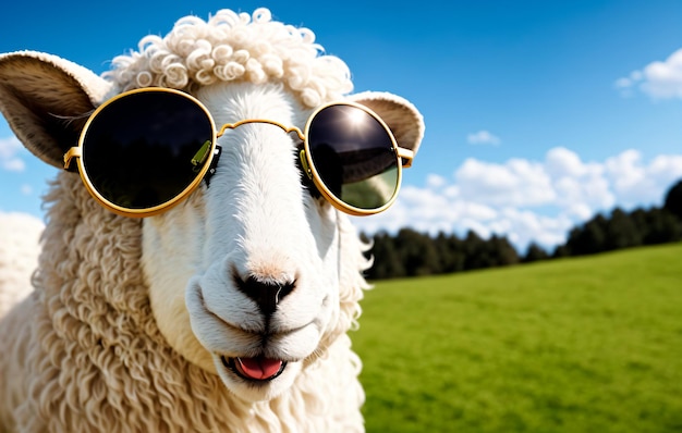 Owce w okularach przeciwsłonecznych na zielonej łące Generacyjna sztuczna inteligencja