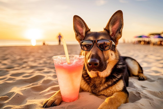 Owczarek niemiecki relaksuje się na plaży przy koktajlu Koncepcja turystyki letniej