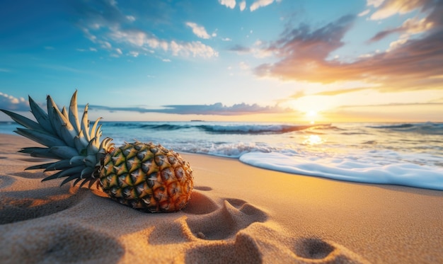 Owoc ananasa na piaszczystej tropikalnej plaży z niebem przy zachodzie słońca i wodą morską niebieski tło oceanu z copyspace rekreacja w lecie i koncepcja wakacji wakacyjnych