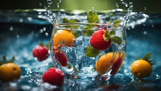 Owoc przelewający się do szklanki wypełnionej wodą