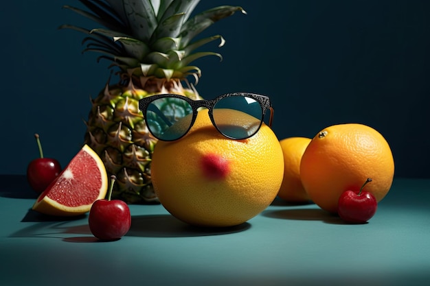 Zdjęcie owoc z okularami przeciwsłonecznymi i ananasem na nim wysokiej jakości obraz