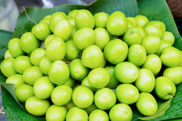 Owoc zielonego jabłka jako egzotyczne azjatyckie jedzenie w Hanoi w Wietnamie. Chrysophyllum cainito na targu ulicznym z wietnamską kuchnią. Lokalne produkty z ogrodu. Zdrowe wegetariańskie rzeczy