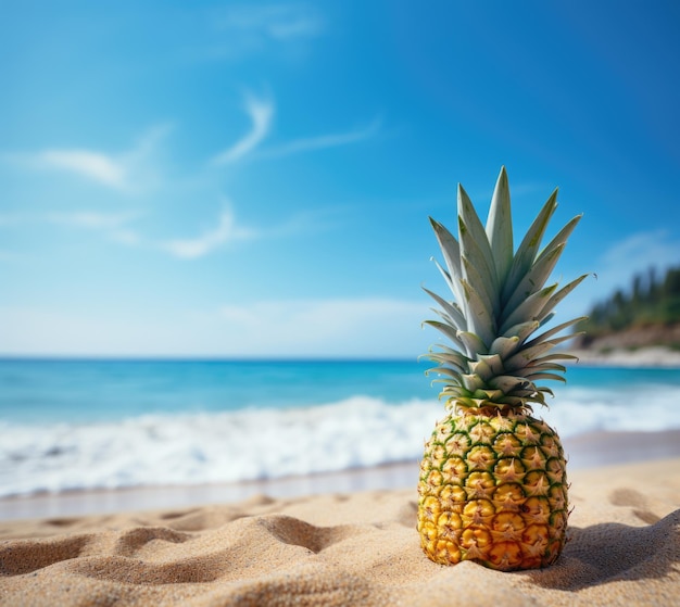 Owoce ananasa na piaszczystej tropikalnej plaży z błękitnym niebem i wodą morską w tle błękitnego oceanu z copyspace Wypoczynek w koncepcji wakacji letnich i wakacyjnych