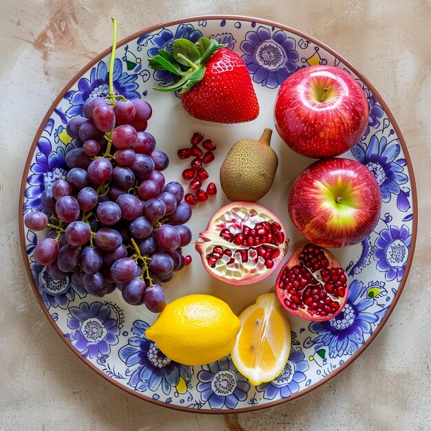 Zdjęcie owoce fioletowe winogrona truskawki jabłka cytryny granaty lychees po jednym na talerzu fotografia widok z góry blender