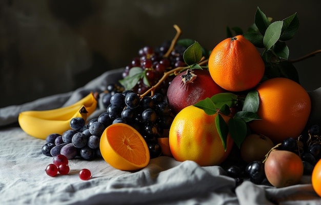Owoce i jagody rozmieszczone na stole Jabłka winogrona owocy cytrusowe Owocy letnie
