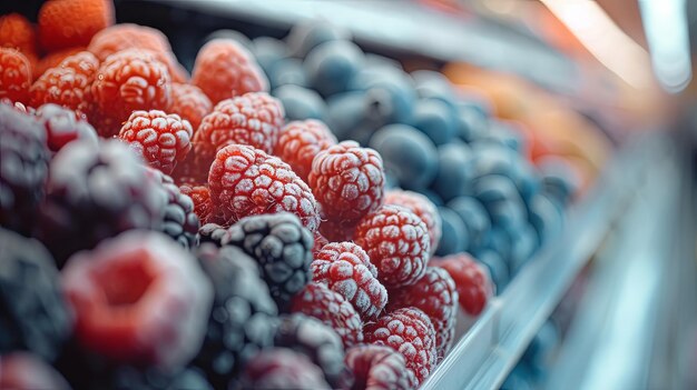 Owoce i jagody zamrożone na wystawie w supermarkecie Koncepcja tła