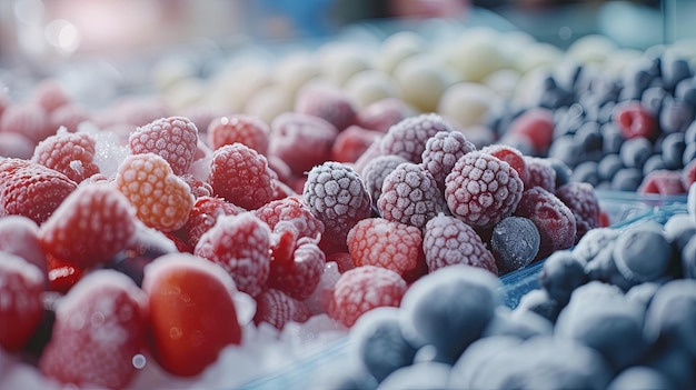 Owoce i jagody zamrożone na wystawie w supermarkecie Koncepcja tła