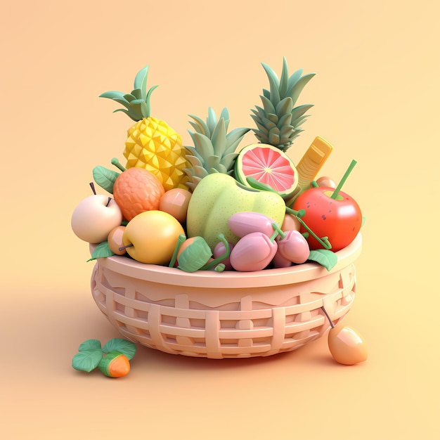 owoce i kosze z owocami izometryczne 3d miękkie pastelowe kolory
