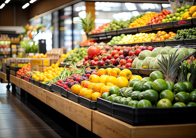 Owoce i warzywa na półkach sklepu spożywczego lub supermarketu