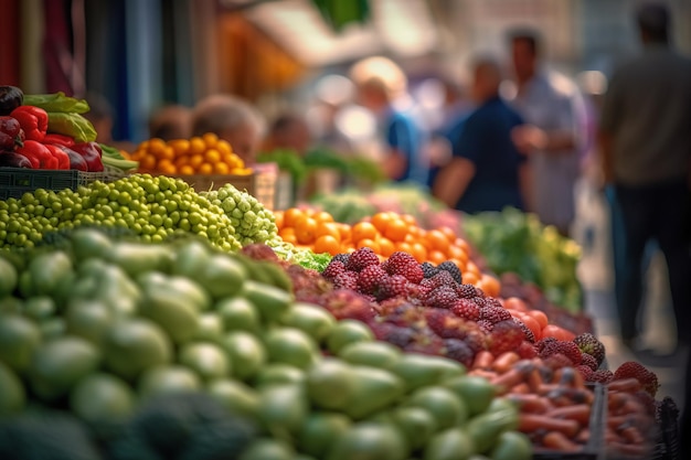 Owoce i warzywa na rynku rolników z wygenerowaną sztuczną inteligencją
