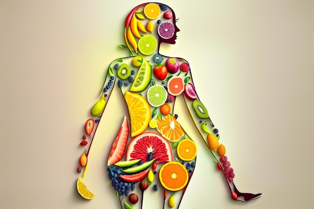Zdjęcie owoce i warzywa w kształcie ciała kobiety koncepcja żywności ai generowane