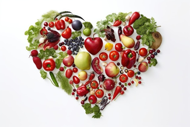 Zdjęcie owoce i warzywa w kształcie serca pojęcie zdrowej diety w środowisku sterylnej bieli