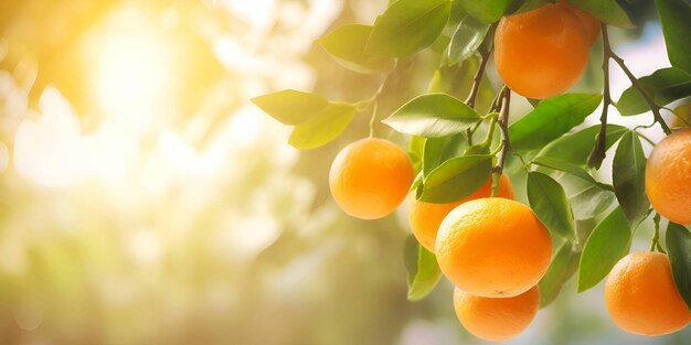 Owoce mandarynki na gałęzi Pomarańcze na gałęziach w jasnym świetle słonecznym w letnim ogrodzie Zbliżenie drzewa mandarynki Baner z miejsca na kopię
