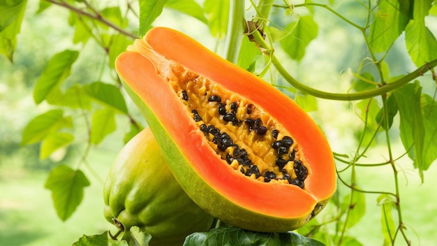 owoce papai z czarnymi i żółtymi nasionami