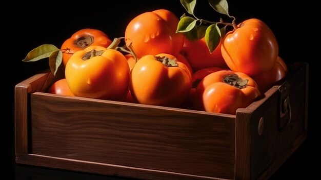 Owoce persymony w drewnianym pudełku Transport owoców Fotografia makro Format poziomy