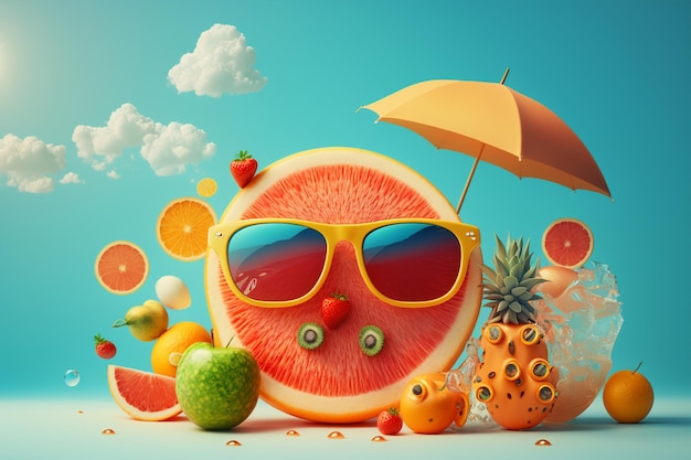 Owoce pod parasolem na koncepcji lato plaży renderowania 3D generatywne ai