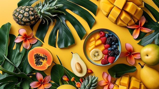 Zdjęcie owoce tropikalne i smoothie bowl flat lay
