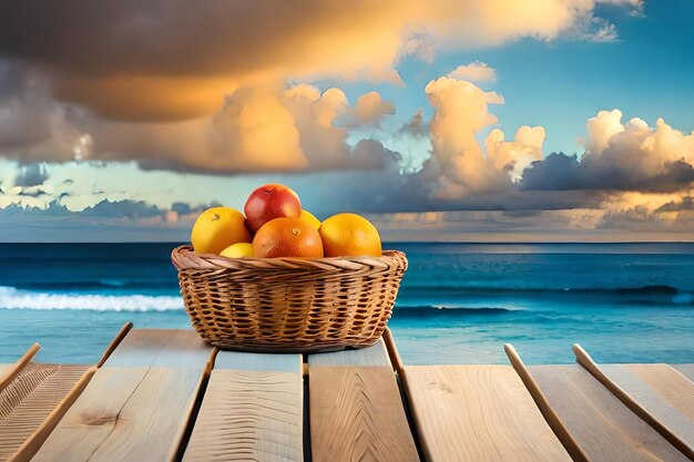 Owoce w koszu na stole z zachodem słońca i oceanem w tle.
