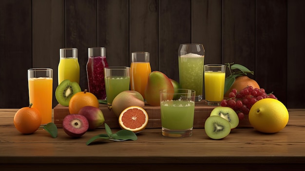 Owoce w szklankach wypełnionych sokiem na drewnianym tle
