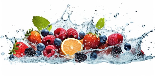 Owoce z pluskiem wody na białym tle Zdrowe owoce bogate w witaminy Generative Ai