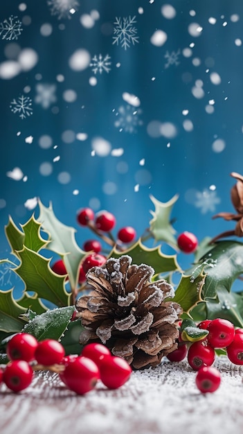 Ozdoba bożonarodzeniowa z stożkiem sosny i czerwonymi jagodami na niebieskim tle z padającym śniegiem