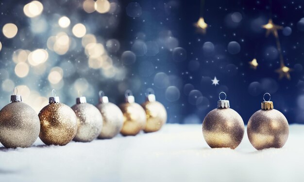 Zdjęcie ozdoba z bombek świątecznych na śniegu i błyszczący bokeh