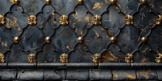 Ozdobiona czarno-złota marmurowa ściana z skomplikowanymi wzorami i wzorami na boku