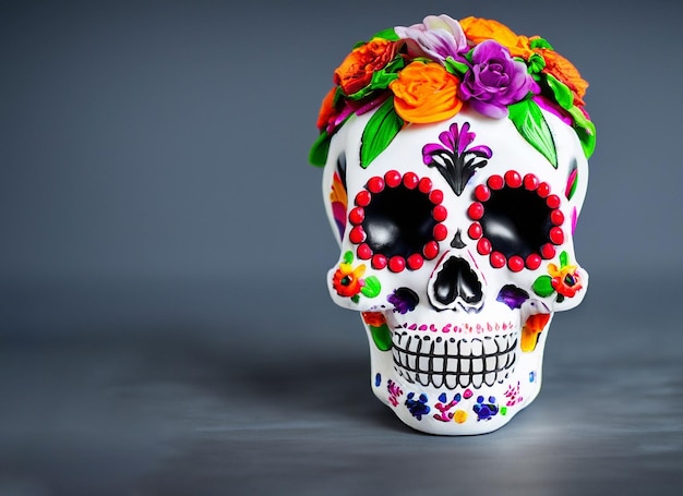 Ozdobiona czaszka z kwiatami Obraz Dnia Zmarłych w Meksyku
