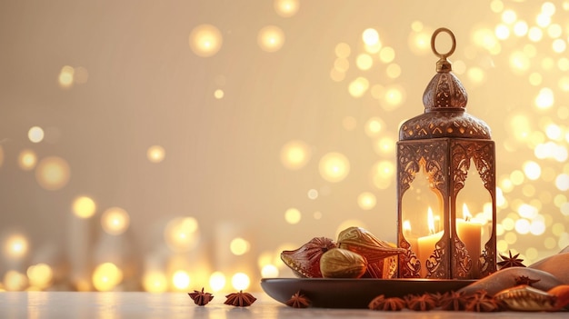 Ozdobiona latarnia świeci ciepło obok daktyli i przypraw, wywołując świąteczną atmosferę