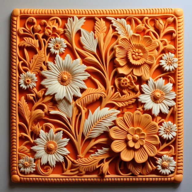 Ozdobiona pomarańczowa tabliczka kwiatowa z skomplikowanym rysunkiem rzeźbiarskim