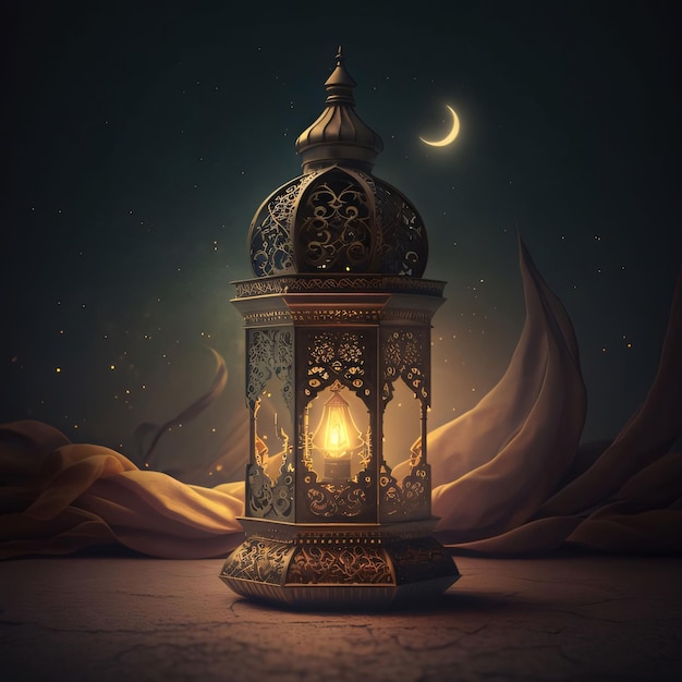 Ozdobiona złotą palącą latarnią na nocnym tle Latarnia jako symbol Ramadanu dla muzułmanów