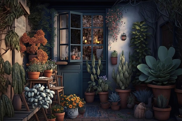 Ozdobione roślinami i kwiatami w wazonach przytulne podwórko