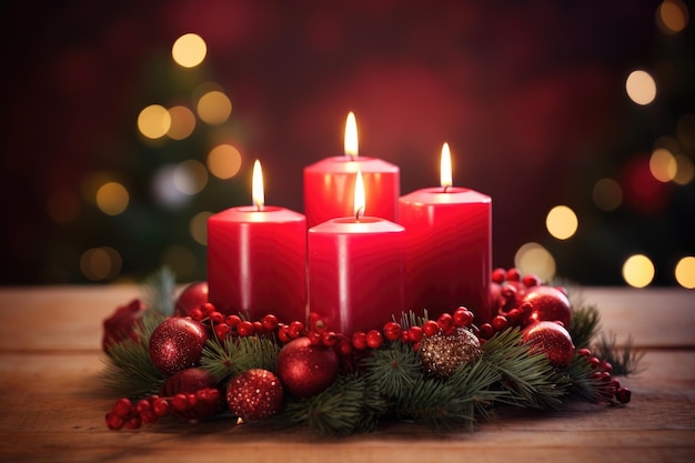 ozdobiony wieniec adwentowy z gałęzi sosny z czerwonymi płonącymi świecami na drewnianym stole świąteczny bokeh na ciepłym ciemnym tle