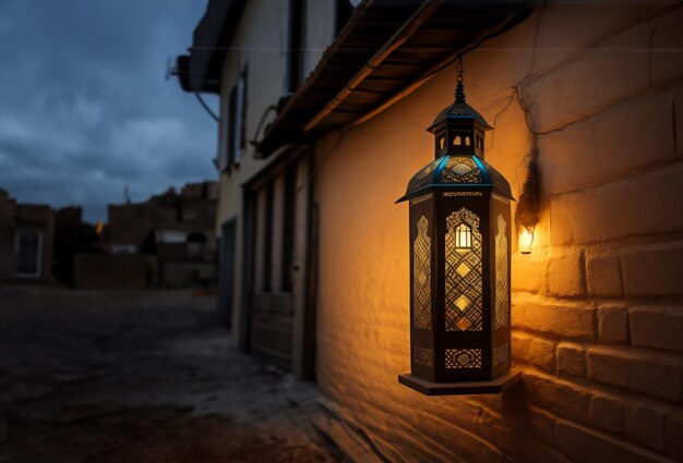 Ozdobna arabska latarnia z kolorowym światłem świecącym wieczorem na ulicy