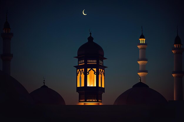 Ozdobna arabska latarnia z płonącą świecą Muzułmański święty miesiąc Ramadan Kareem Generacyjna AI