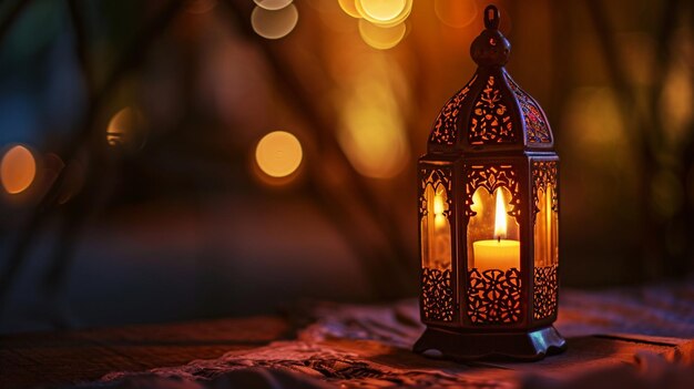 Ozdobna arabska latarnia z płonącą świecą świecącą w nocy Ramadan Kareem AI Generative