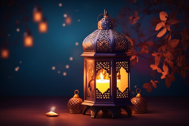 Ozdobna arabska latarnia z płonącą świecą świecącą w nocy Świętowa wizytówka z zaproszeniem na święty miesiąc muzułmański Ramadan Kareem