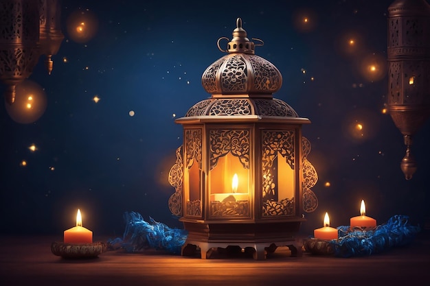 Ozdobna arabska latarnia z płonącą świecą świecącą w nocy Świętowa wizytówka z zaproszeniem na święty miesiąc muzułmański Ramadan Kareem