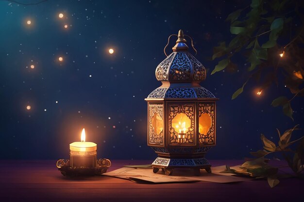 Ozdobna arabska latarnia z płonącą świecą świecącą w nocy Świętowa wizytówka z zaproszeniem na święty miesiąc muzułmański Ramadan Kareem